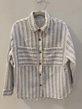 ZARA Cream and Light Blue Striped Linen-Blend Shirt